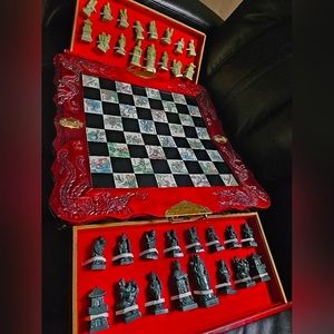 Asian Chinese Chess Set Carved Wood Case 19" Folding Board With Unique Pieces